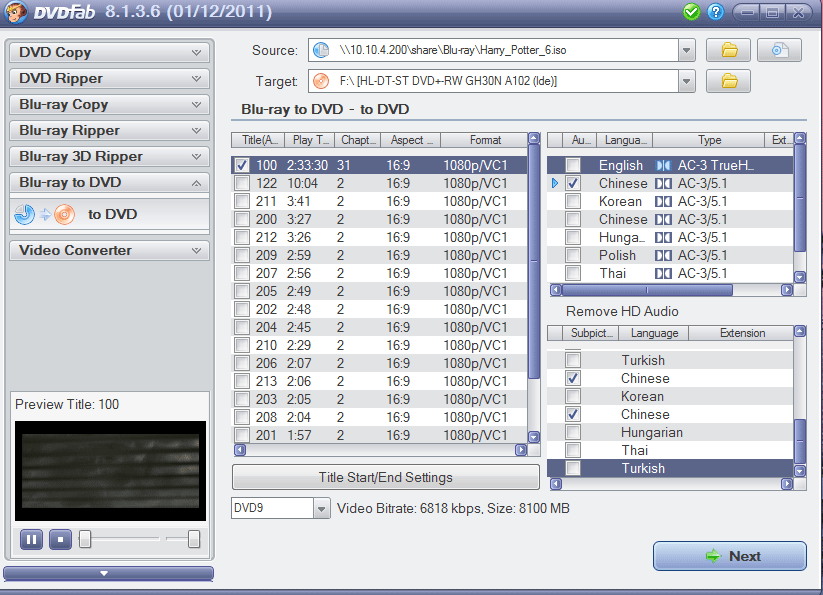 Please select the subpictures and audio tracks you want to keep before converting. Select the desired output size DVD5 or DVD9 in the lower area.